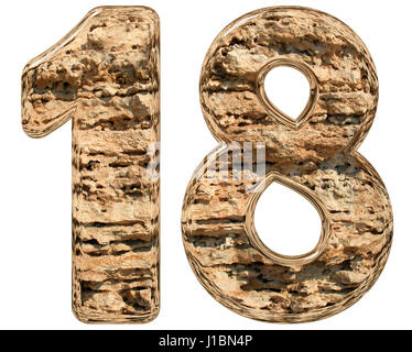 Numeral 18, eighteen, isolated on white, natural limestone, 3d illustration Stock Photo