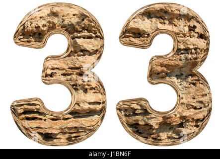 Numeral 33, thirty three, isolated on white, natural limestone, 3d illustration Stock Photo