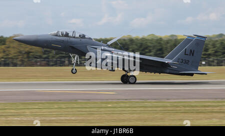 United States Air Force McDonnell Douglas F-15E Strike Eagle landing RAF Lakenheath Stock Photo