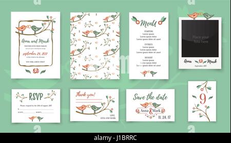 Template wedding card with cute birds on a tree branch. Greeting card. Stock Vector