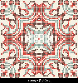 Ethnic pixel seamless pattern embroidery, traditional geometric design, fabric element of folk indian culture Stock Vector