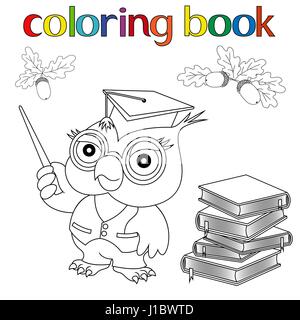 Set of Wise Professor Owl in mortarboard, stacked books and acorns for coloring book, childish cartoon vector illustration Stock Vector