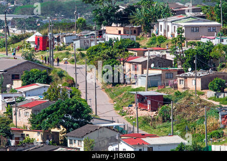 DURBAN, SOUTH AFRICA - APRIL 18, 2017: Above Close up view of crowded low cost residential housing settlement landscape in Durban, South Africa Stock Photo