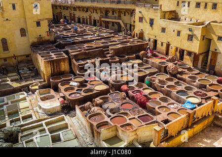 Traditional processing leather tannery in Fes, Morocco Stock Photo