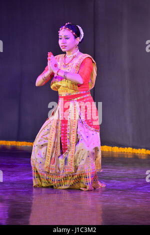 Popular Indian classical dance, Sattriya dace performed by girl, Pune, Maharashtra. Stock Photo