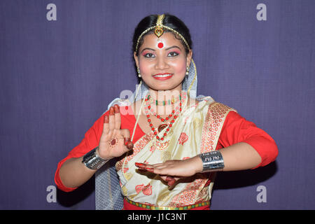Popular Indian classical dance, Sattriya dace performed by girl, Pune, Maharashtra. Stock Photo