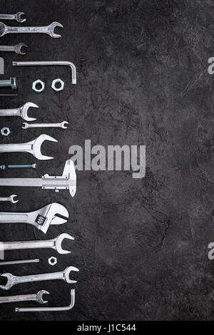 top view of set of various work tools on grey Stock Photo