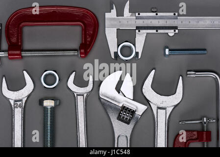 top view of set of  various work tools on grey Stock Photo