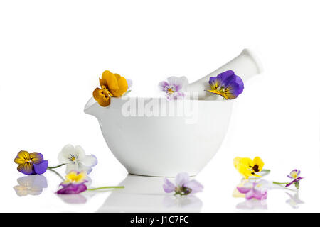 group of nice pansy multicolored ceramic mortar Stock Photo
