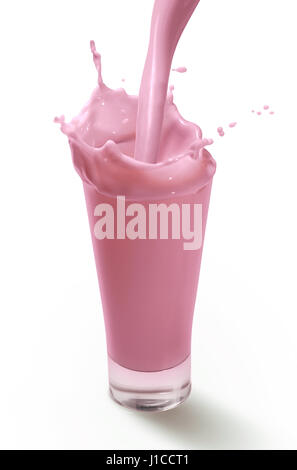 Splash of Pouring Strawberry Milkshake in A Glass Isolated on White Background Stock Photo