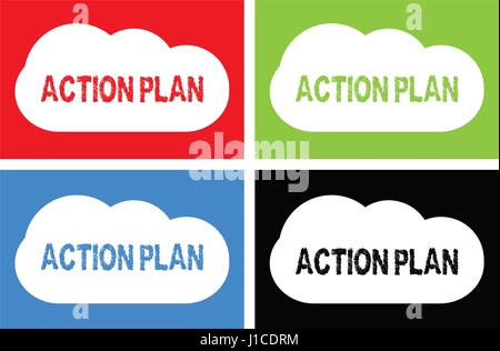 ACTION PLAN text, on cloud bubble sign, in color set. Stock Photo