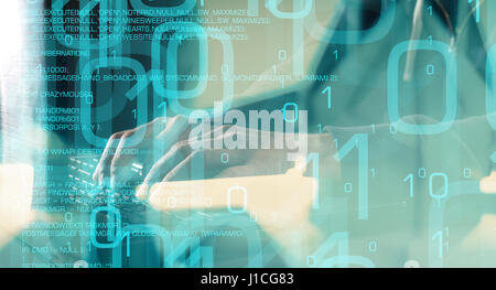 Hacker programming, computer language code and binary data Stock Photo