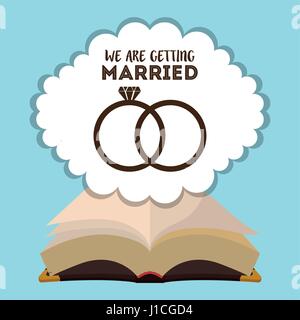 we are greeting married card with rings and bible religious Stock Vector