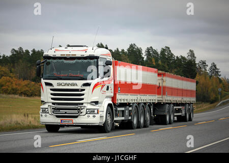 KAARINA, FINLAND - OCTOBER 9, 2016: White Scania R730 of Transport Stromberg hauls Sugar beet along highway on a cloudy day in October. The seasonal s Stock Photo