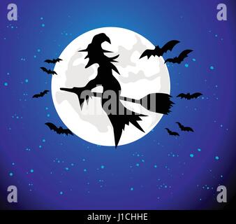 Witch flying over the moon Stock Vector