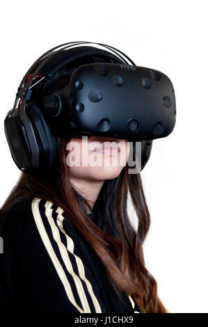 Woman Tries Virtual Reality HTC Vive Headset Stock Photo