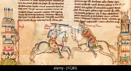 The Battle of Assandun on 18 October 1016, manuscript illustration showing King Edmund II (died November 1016) in full armour charging Canute the Great (c.995-1035). Photograph of fol. 80v Matthew Paris OSB CCCC MS 26. Stock Photo