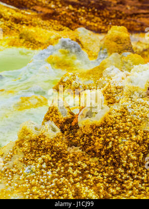 Mineral formations at sulphur lake Dallol in a volcanic crater in the Danakil Depression, northeast of the Erta Ale Range in Ethiopia. The lake with i Stock Photo