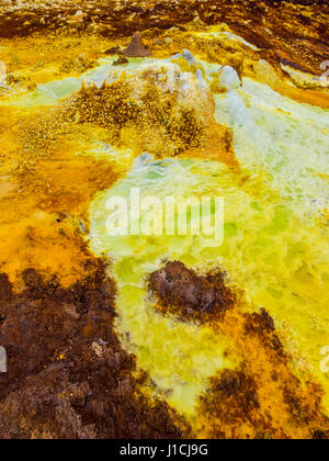 Mineral formations at sulphur lake Dallol in a volcanic crater in the Danakil Depression, northeast of the Erta Ale Range in Ethiopia. The lake with i Stock Photo