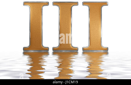 Roman numeral III, tres, 3, three, reflected on the water surface, isolated on  white, 3d render Stock Photo