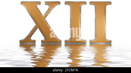 Roman numeral XII, duodecim, 12, twelve, reflected on the water surface, isolated on  white, 3d render Stock Photo