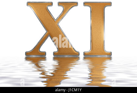 Roman numeral XI, undecim, 11, eleven, reflected on the water surface, isolated on  white, 3d render Stock Photo