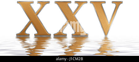 Roman numeral XXV, quinque et viginti, 25, twenty five, reflected on the water surface, isolated on  white, 3d render Stock Photo