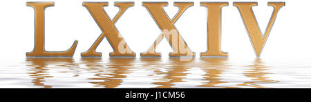 Roman numeral LXXIV, quattuor et septuaginta, 74, seventy four, reflected on the water surface, isolated on  white, 3d render Stock Photo