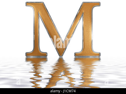 Roman numeral M, mille, 1000, one thousand, reflected on the water surface, isolated on  white, 3d render Stock Photo