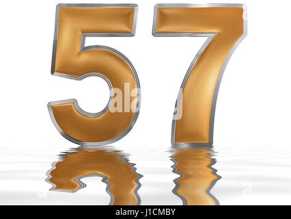 Numeral 57, fifty seven, reflected on the water surface, isolated on  white, 3d render Stock Photo