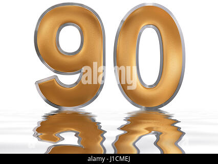 Numeral 90, ninety, reflected on the water surface, isolated on  white, 3d render Stock Photo