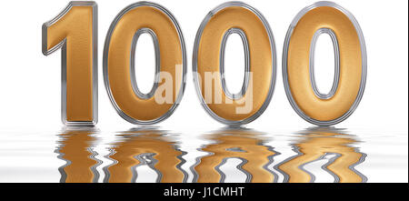 Numeral 1000, one thousand, reflected on the water surface, isolated on  white, 3d render Stock Photo