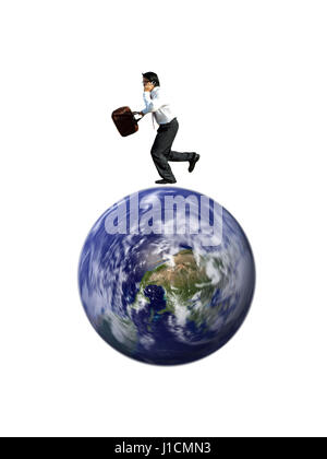 A businessman talking on the phone and running on a spinning globe (the globe image is provided free of licensing fees by NASA: http://visibleearth.na Stock Photo