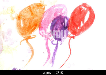 Balloons painted with watercolors. In the style of children's drawing. The concept of a holiday. Stock Photo