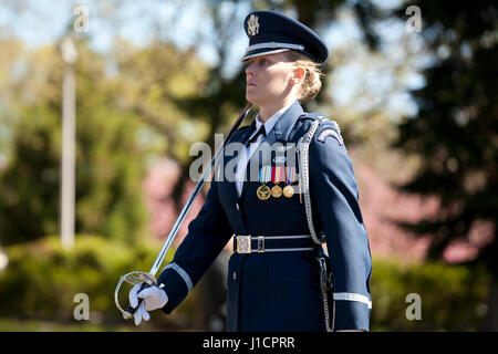 Female Captain of the US Air Force Honor Guard in ceremonial march - USA Stock Photo