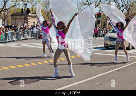 Black high school cheerleader during parade - USA Stock Photo