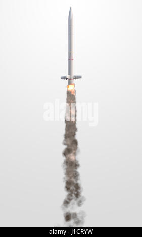 An intercontinental ballistic missile launching leaving a burning smoke trail on an isolated white background - 3D render Stock Photo