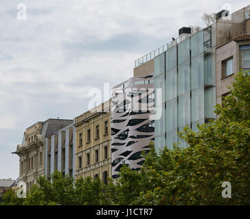 Facade of Suites Avenue apartments at Passeig de Gracia, 83 in Barcelona, Spain. Building was designed by famous Japanese architect Toyo Ito. Stock Photo