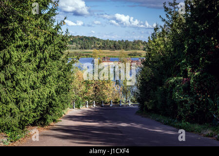 Ship wreck on backwater of Pripyat River seen from a road in Chernobyl town, Chernobyl Nuclear Power Plant Zone of Alienation, Ukraine Stock Photo