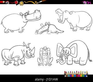 Black and White Cartoon Illustration of Safari Animal Characters Set Coloring Page Stock Vector