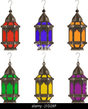 Ramadan Kareem set of multicolored lanterns, isolated on white background. Realistic 3D lamp. Vector illustration.