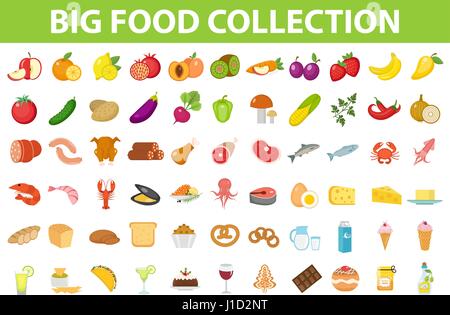 Big set icons food, flat style. Fruits, vegetables, meat, fish, bread, milk, sweets. Meal icon isolated on white background. Ingredients collection. Vector illustration. Stock Vector