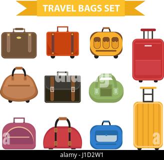 Travel bags icon set, flat style, isolated on a white background. Collection different suitcases, luggage. Vector illustration. Stock Vector