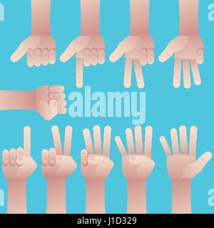 Set of male hands gesture, counting number from zero to nine on blue background Stock Vector