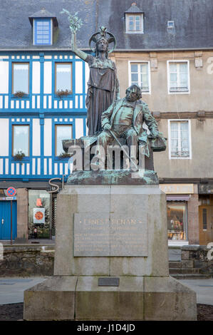 Statue of Ernest Renan and Greek goddess Athena in Tréguier town square, France - In 1903 a major controversy accompanied the installation of a monume Stock Photo