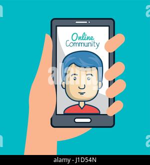 community online with hand holdign smartphone Stock Vector