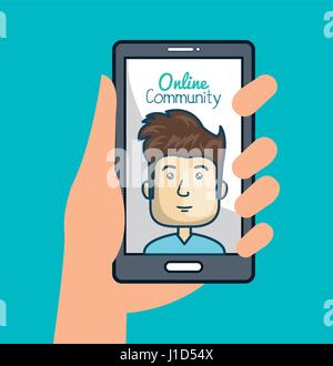 community online with hand holdign smartphone Stock Vector