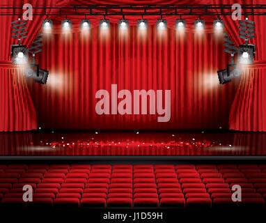 Red Stage Curtain with Spotlights, Seats and Copy Space. Vector illustration. Theater, Opera or Cinema Scene. Light on a Floor. Stock Vector