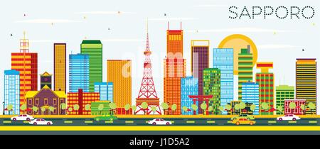 Sapporo Skyline with Color Buildings and Blue Sky. Vector Illustration. Business Travel and Tourism Concept with Modern Architecture. Stock Vector