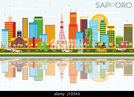 Sapporo Skyline with Color Buildings, Blue Sky and Reflections. Vector Illustration. Business Travel and Tourism Concept with Modern Architecture. Stock Vector